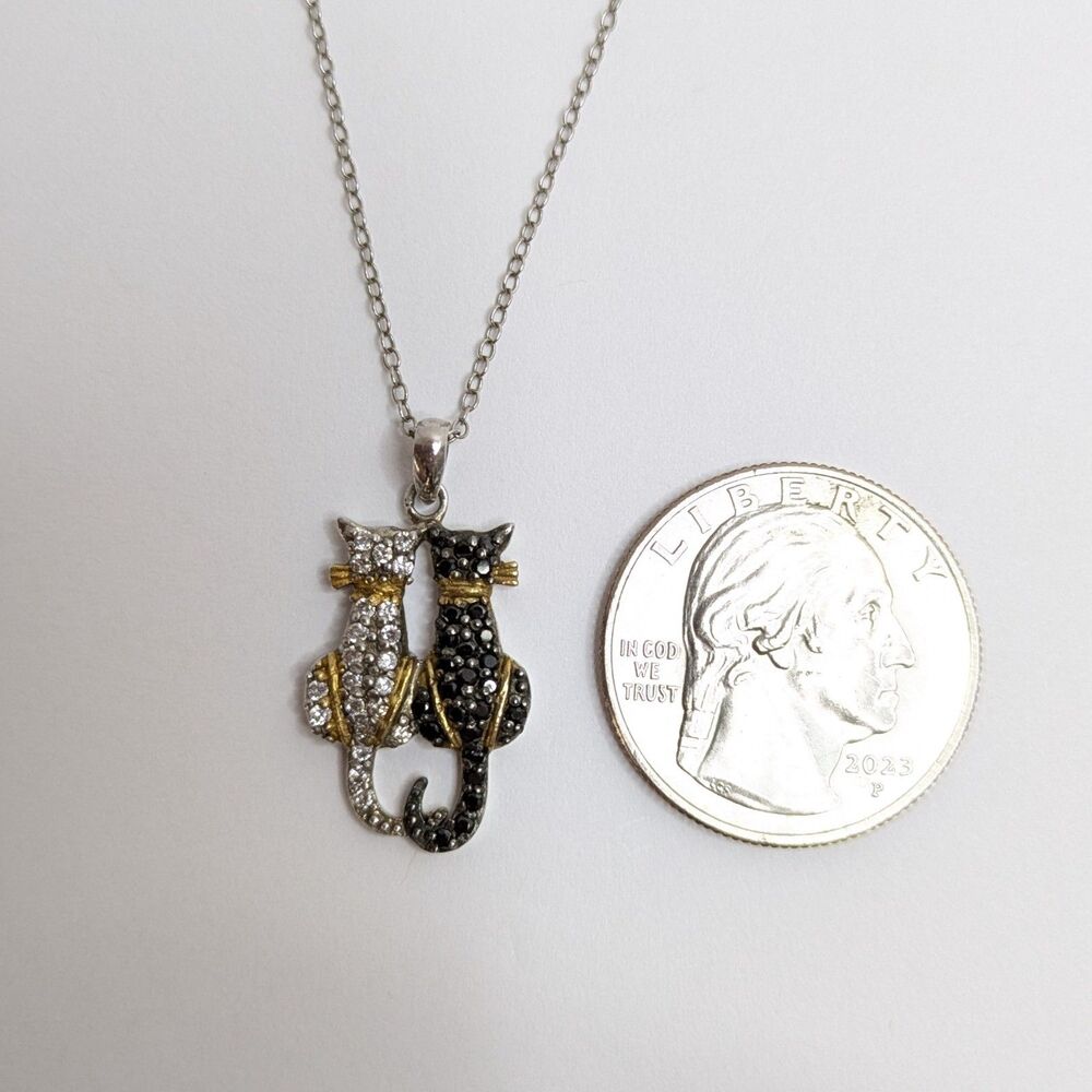 925 Sterling Silver Black & White CZ Cat Couple Pendant Necklace - 18" Chain - Picture 6 of 9
